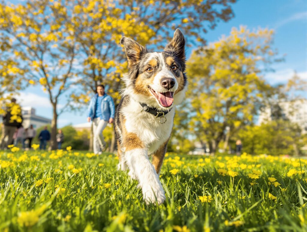 Medium-sized dog running energetically in a sunlit urban park with people in the background. 
