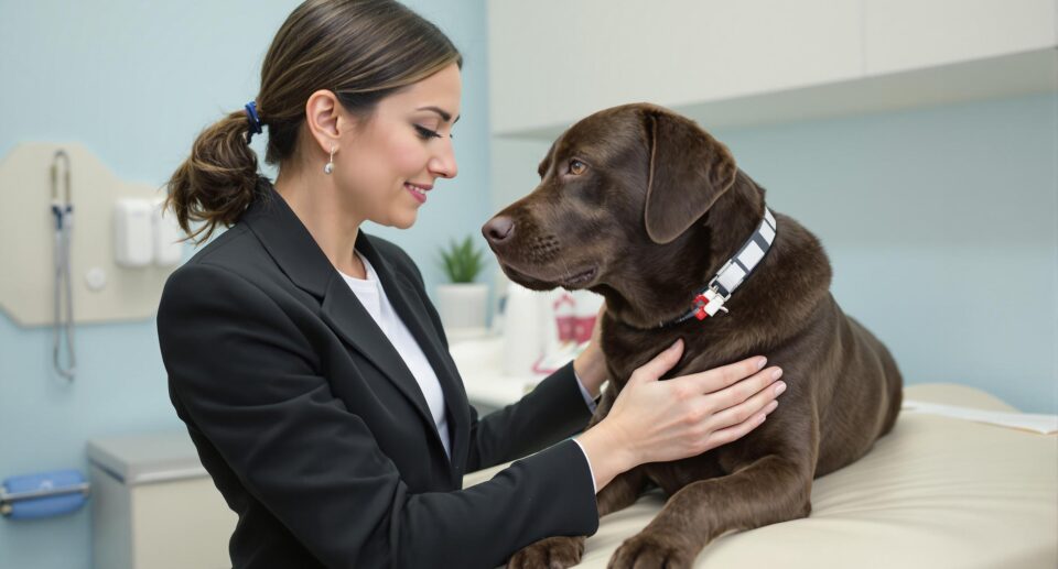 Female veterinarian examining chocolate Labrador for common urinary tract problems in a clean clinic setting.