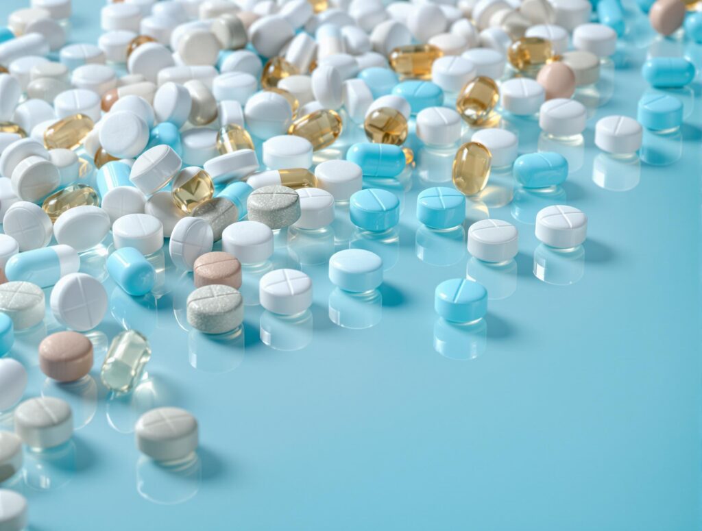 Pet Chewable Tablets on Reflective Glass Surface.