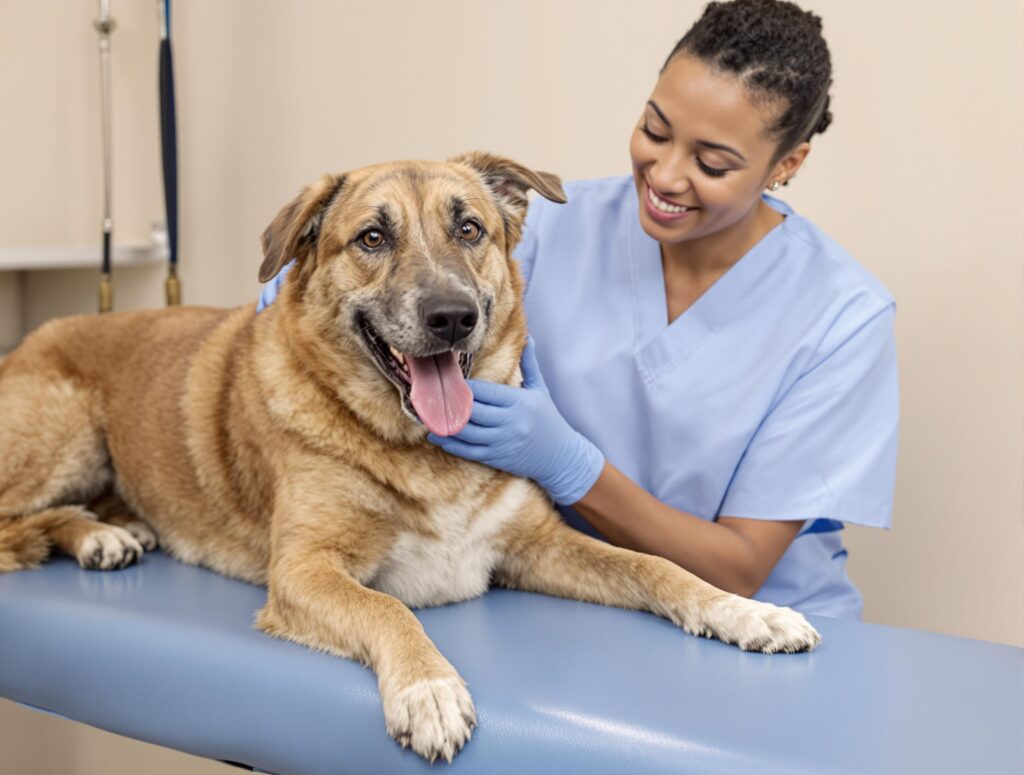 A veterinarian in blue scrubs examines a mixed-breed dog on a blue table, highlighting professional care.