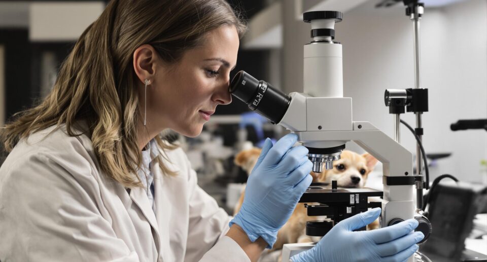 Female veterinarian examining dog's ear for mites under a microscope in a clinical setting.