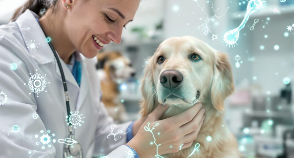 A veterinarian in a clinic examines a golden retriever, demonstrating antibiotic treatments for dogs.