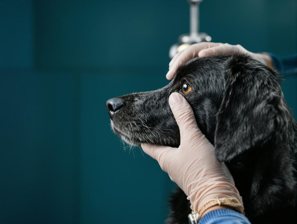 Black dog being gently examined by a veterinarian in a modern clinic, highlighting professional veterinary care.