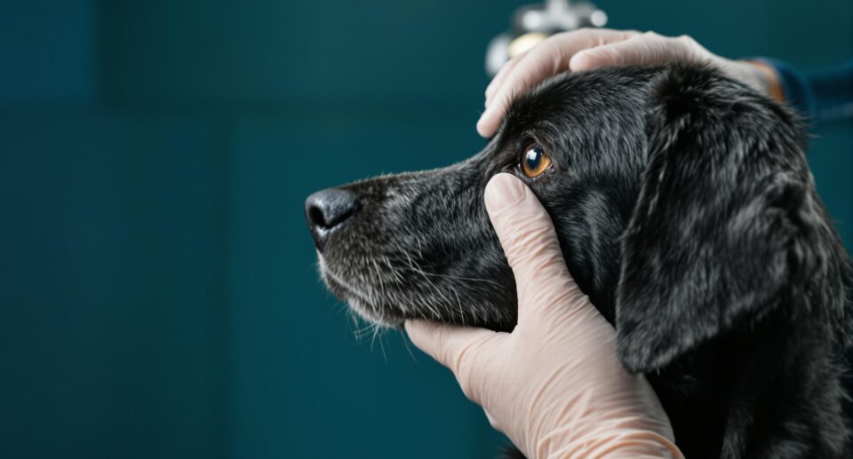 Black dog being gently examined by a veterinarian in a modern clinic, highlighting professional veterinary care.