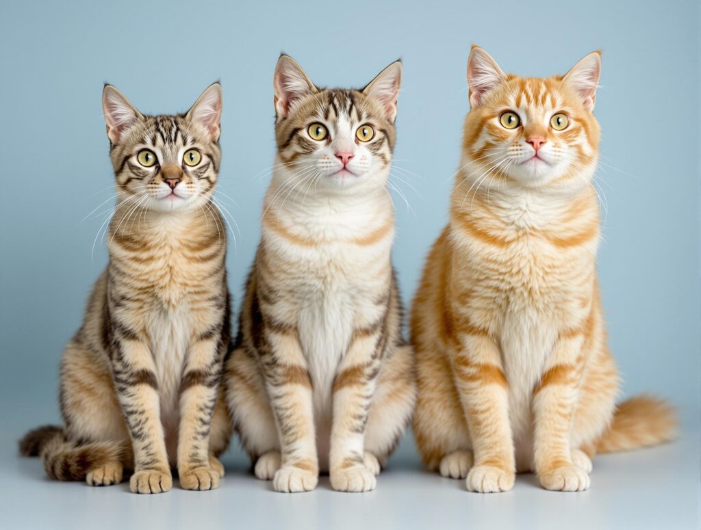 Three cats of varying body conditions, lean to overweight, on a neutral background for veterinary education.