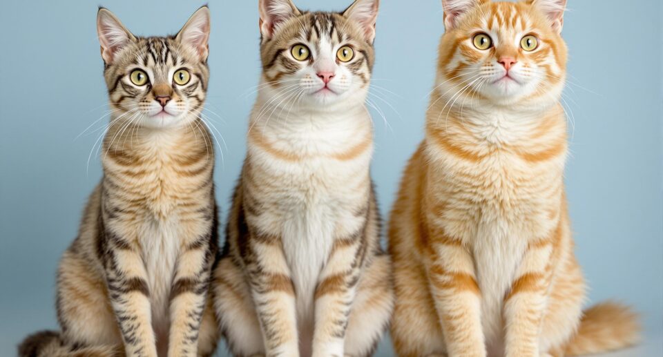 Three cats of varying body conditions, lean to overweight, on a neutral background for veterinary education.