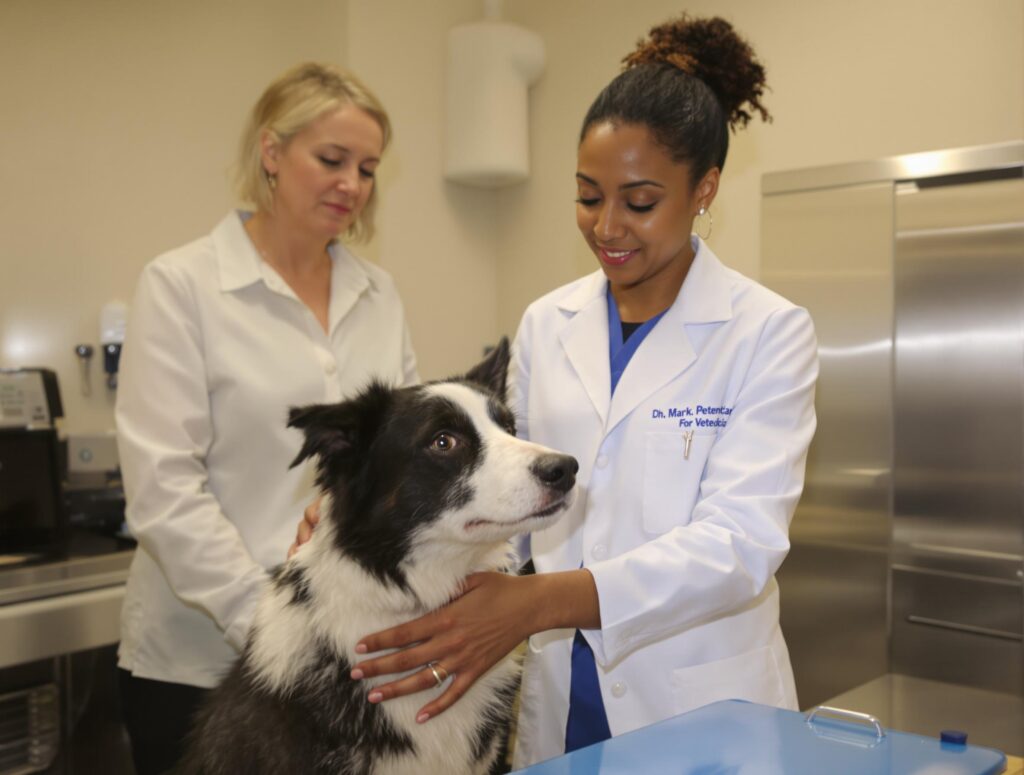 Veterinarian examining a black and white border collie in a modern veterinary clinic.