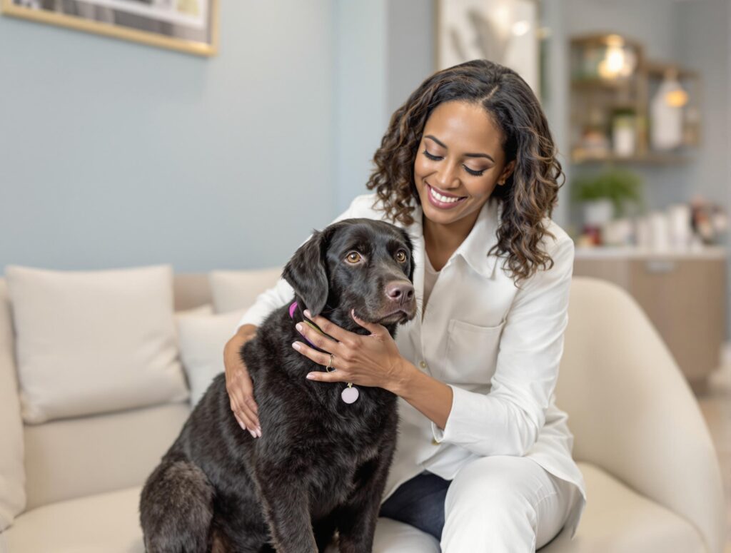 a woman veterinarian holds a black dog on a couch in the waiting room
