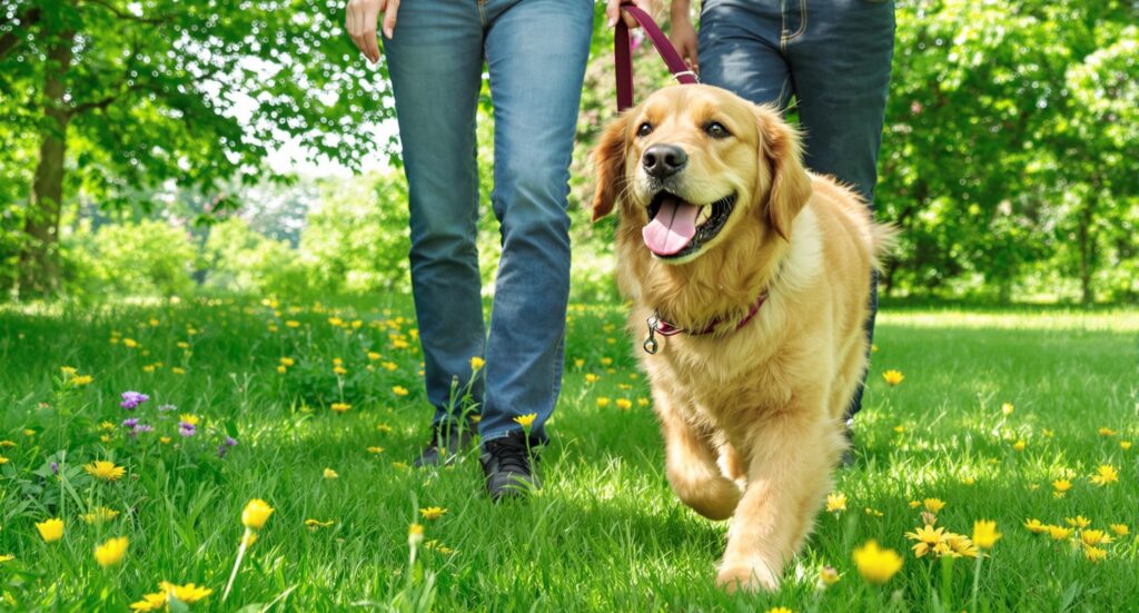 A vibrant park scene with a playful dog walking alongside its owner, highlighting their dynamic interaction in natural lighting.