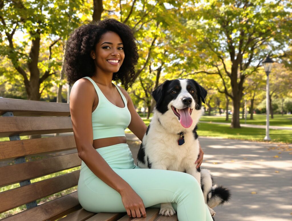 A woman sits on a bench with her black and white spotted dog in a sunlit urban park.