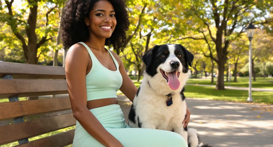 A woman sits on a bench with her black and white spotted dog in a sunlit urban park.