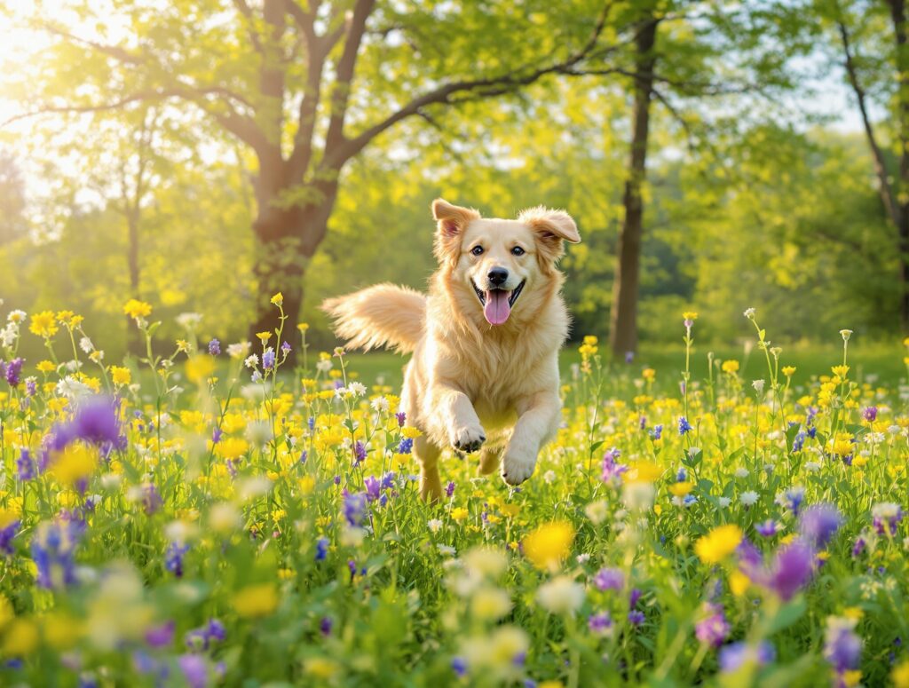 A playful mixed-breed dog leaping through a sunlit meadow with wildflowers and tall grass, showcasing spring's vibrant essence.