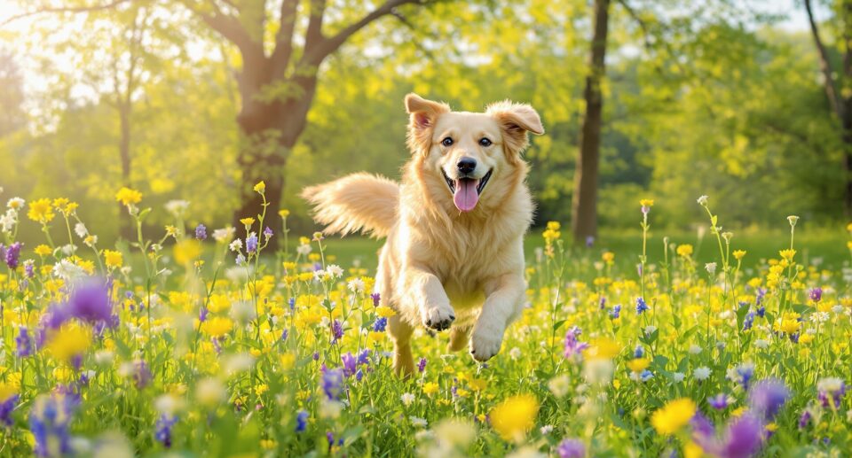 A playful mixed-breed dog leaping through a sunlit meadow with wildflowers and tall grass, showcasing spring's vibrant essence.