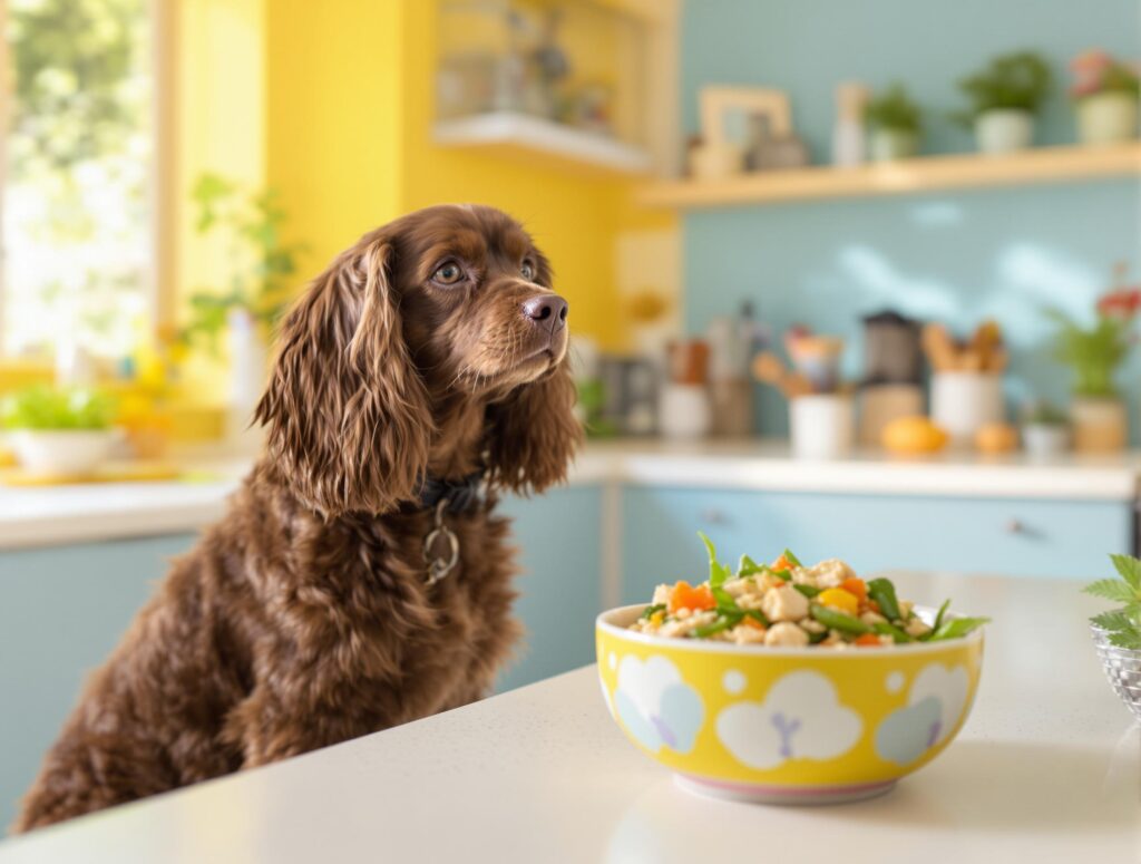 A medium-sized energetic spaniel enjoys a nutritious meal in a vibrant kitchen with modern elements and natural light.