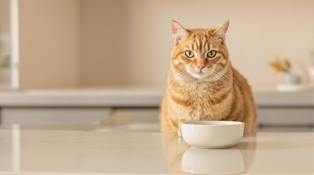 An orange tabby cat sits in front of a white bowl