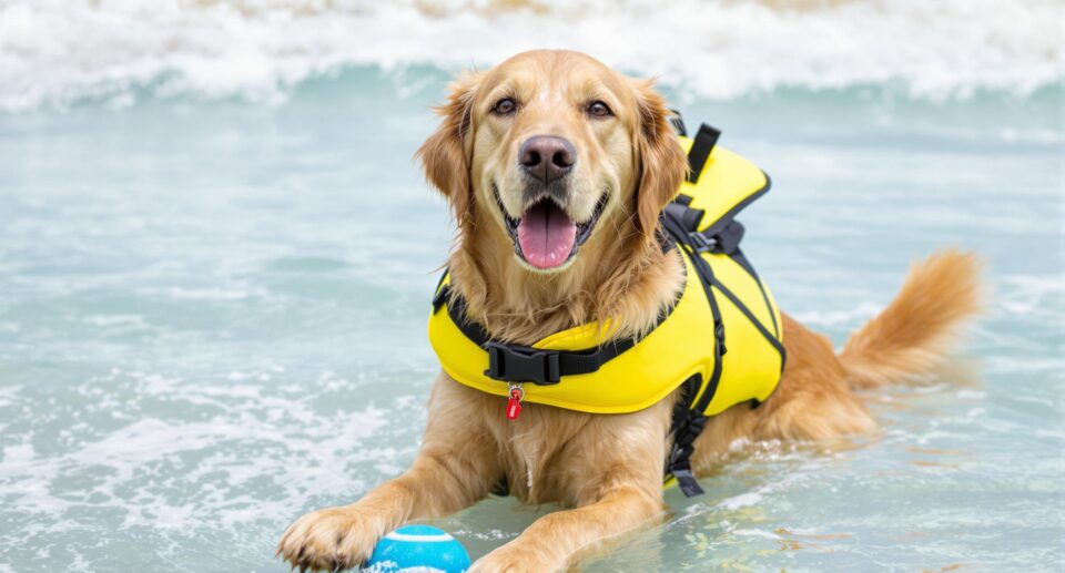 Golden retriever in yellow life jacket playing with a blue tennis ball in coastal waters, illustrating water safety for dogs.