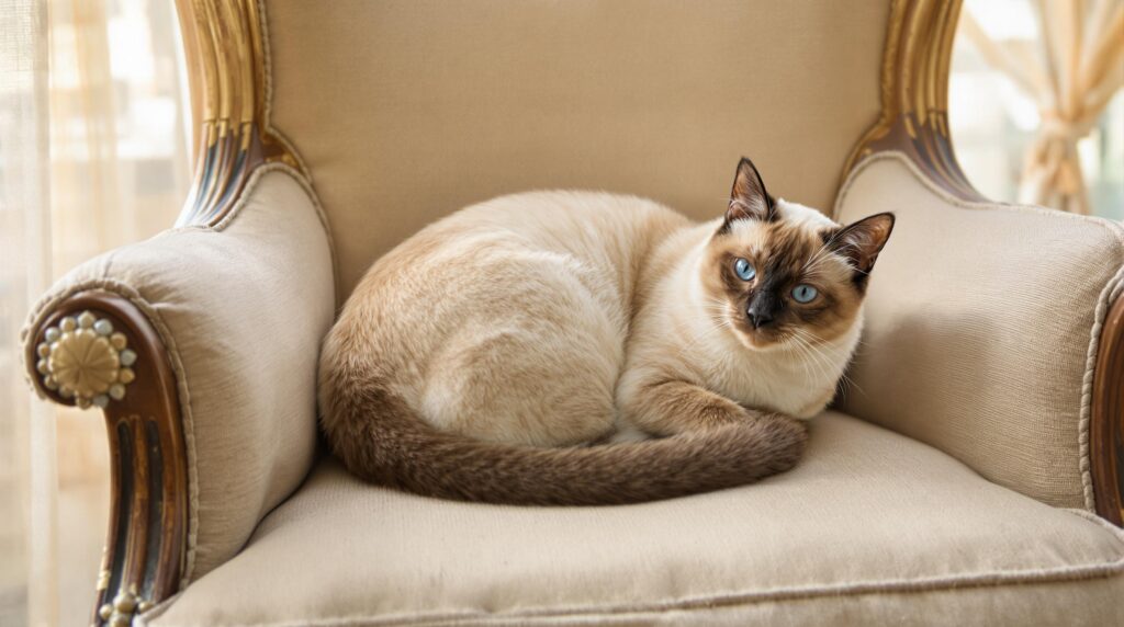 A siamese cat sits on a chair.