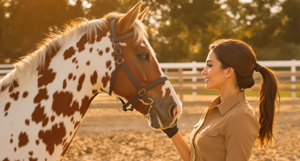 A horse owner monitors her paint horse's oral comfort, addressing common dental concerns like wolf teeth.