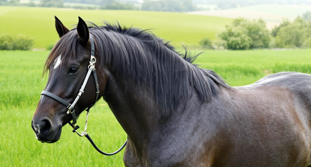 A dark bay horse stands alert in a lush green pasture, highlighting the importance of proper nutrition in preventing anemia.