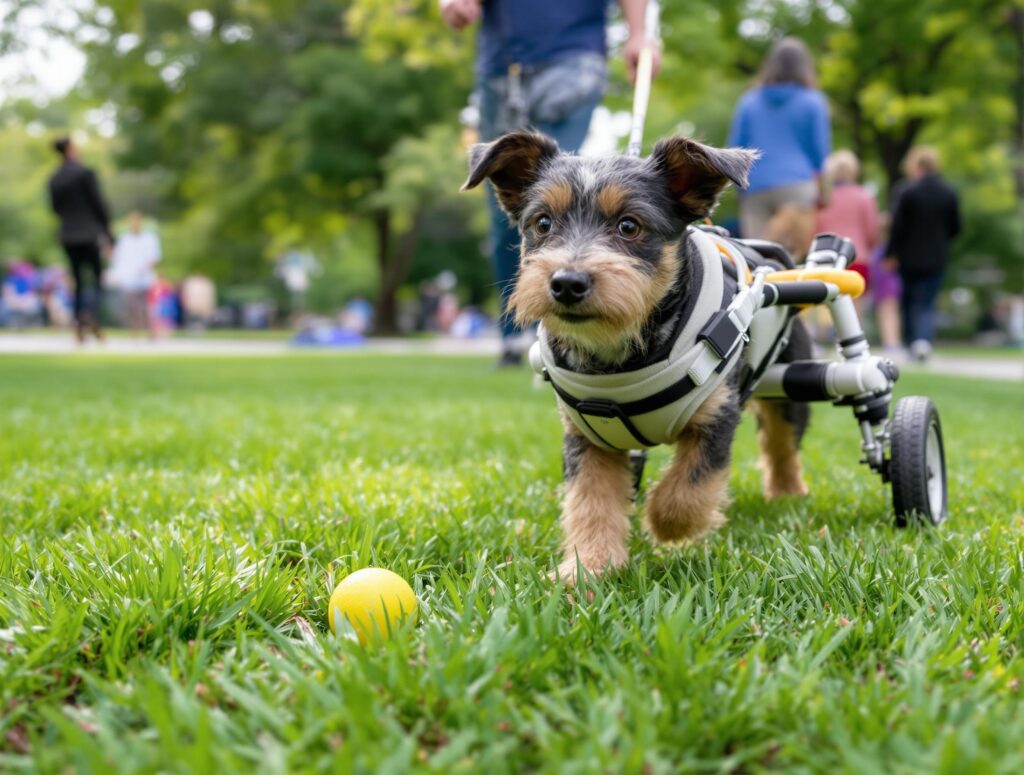 A small wheelchair-assisted dog in a park with a yellow ball, showcasing adaptive mobility and joy.