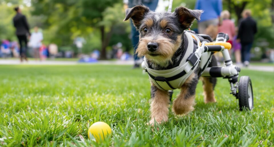 A small wheelchair-assisted dog in a park with a yellow ball, showcasing adaptive mobility and joy.