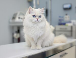 white persian cat on an examination table