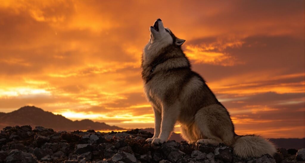 A majestic Husky howls against a dramatic orange sunset, expressing natural canine vocal behaviors.