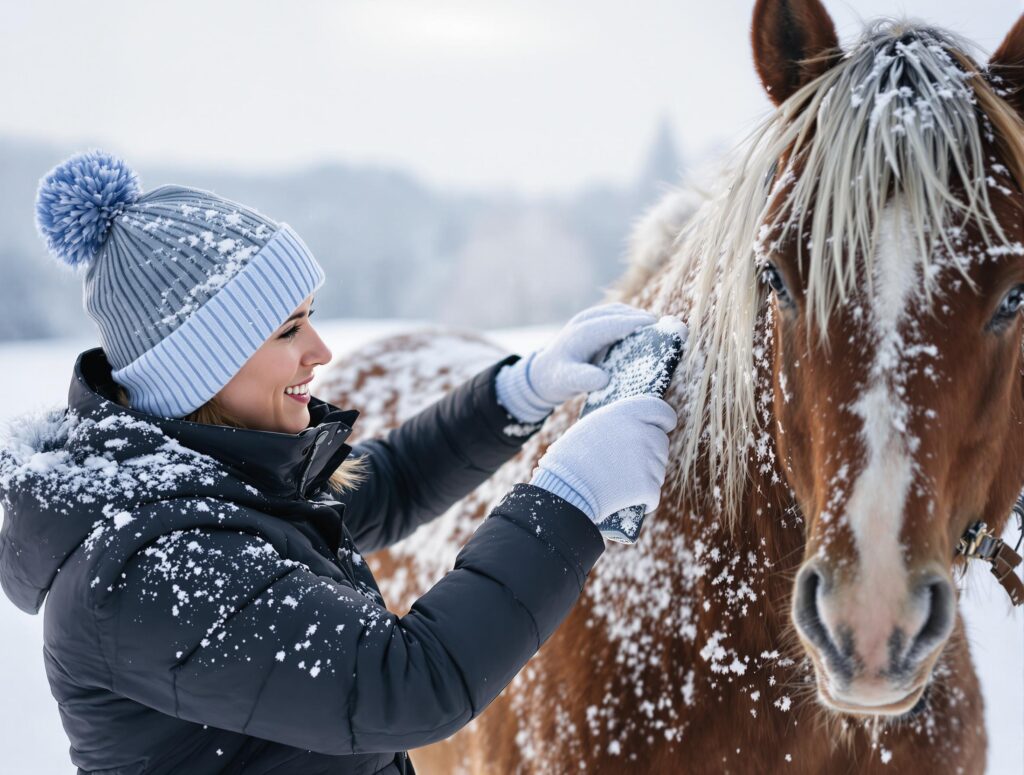 Equestrian grooming a horse in a winter field, showcasing winter skin and coat care for horses.