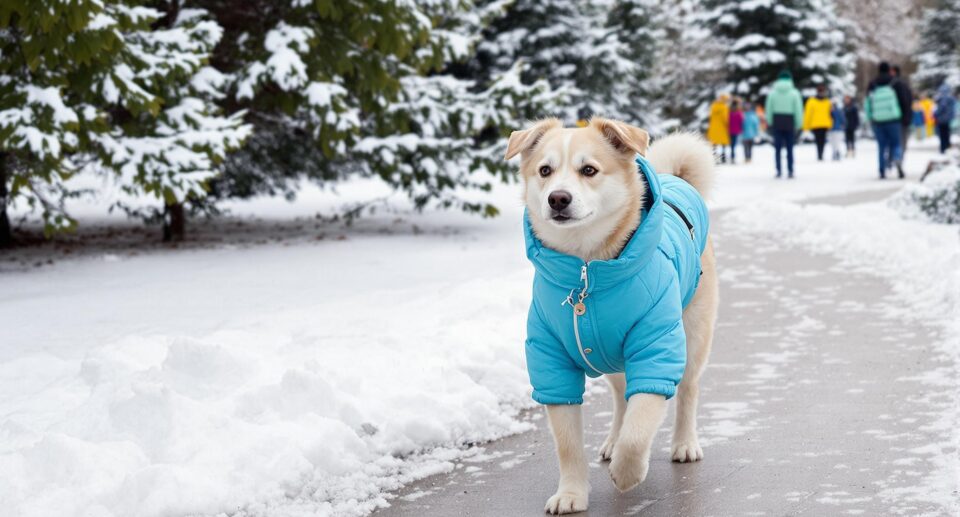 A dog in a blue coat walks through a snow-covered winter park with people in colorful clothing in the background.