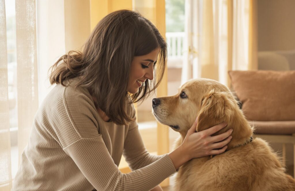 a woman holds her golden retriever's face to bond with it
