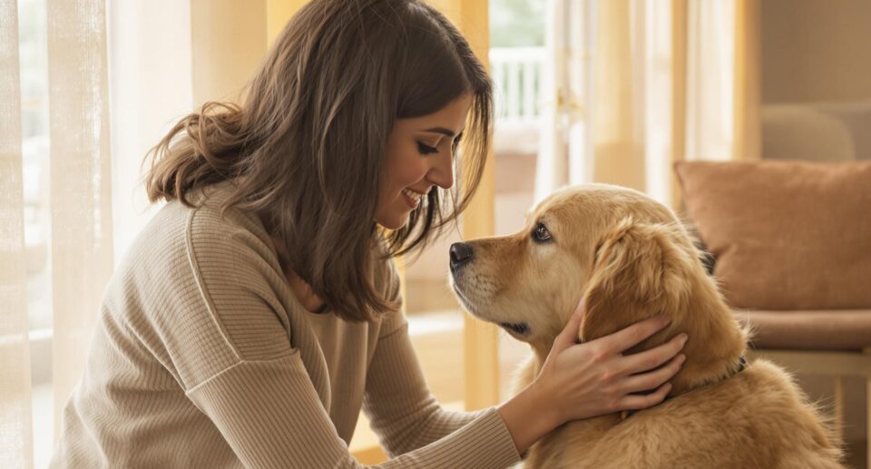 a woman holds her golden retriever's face to bond with it