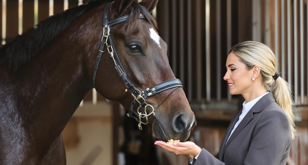 A well-dressed equestrian offers her horse healthy treats, reinforcing good habits during parasite prevention routines.