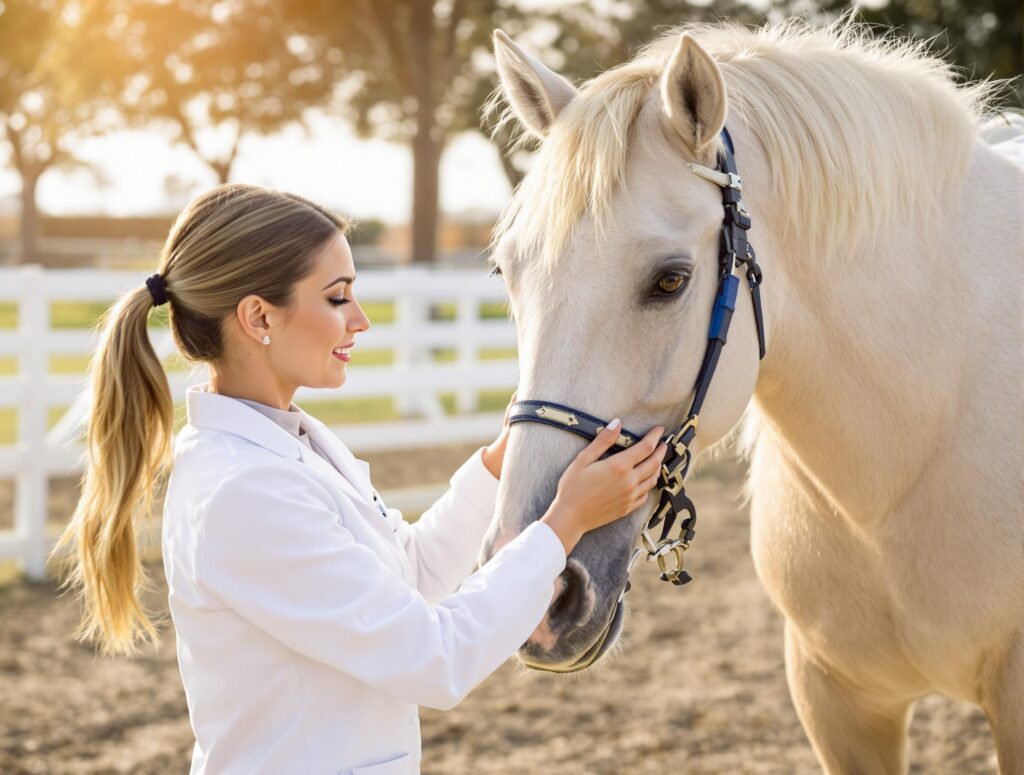A veterinarian carefully monitors her white horse for early ulcer symptoms.