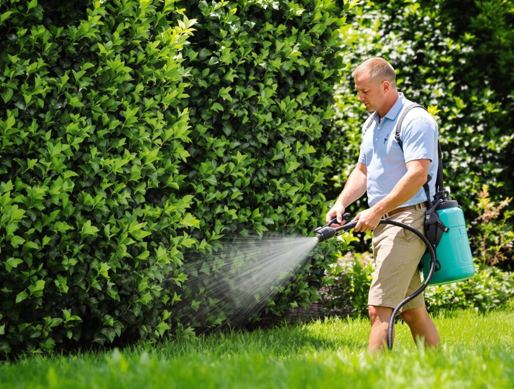 Gardener using professional-grade spray for flea control in yard, emphasizing texture and precision in garden maintenance.