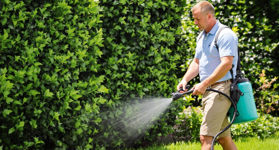 Gardener using professional-grade spray for flea control in yard, emphasizing texture and precision in garden maintenance.