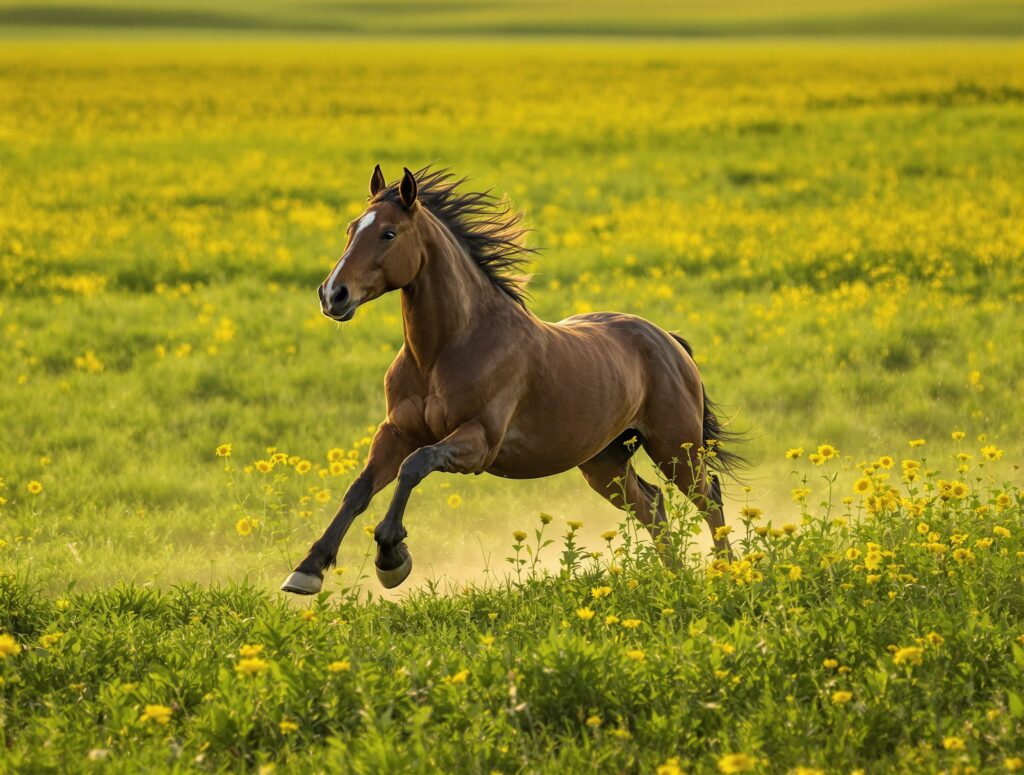 A young horse gallops powerfully in a field, highlighting its muscular strength, for a joint supplements guide on PetHealthMD.