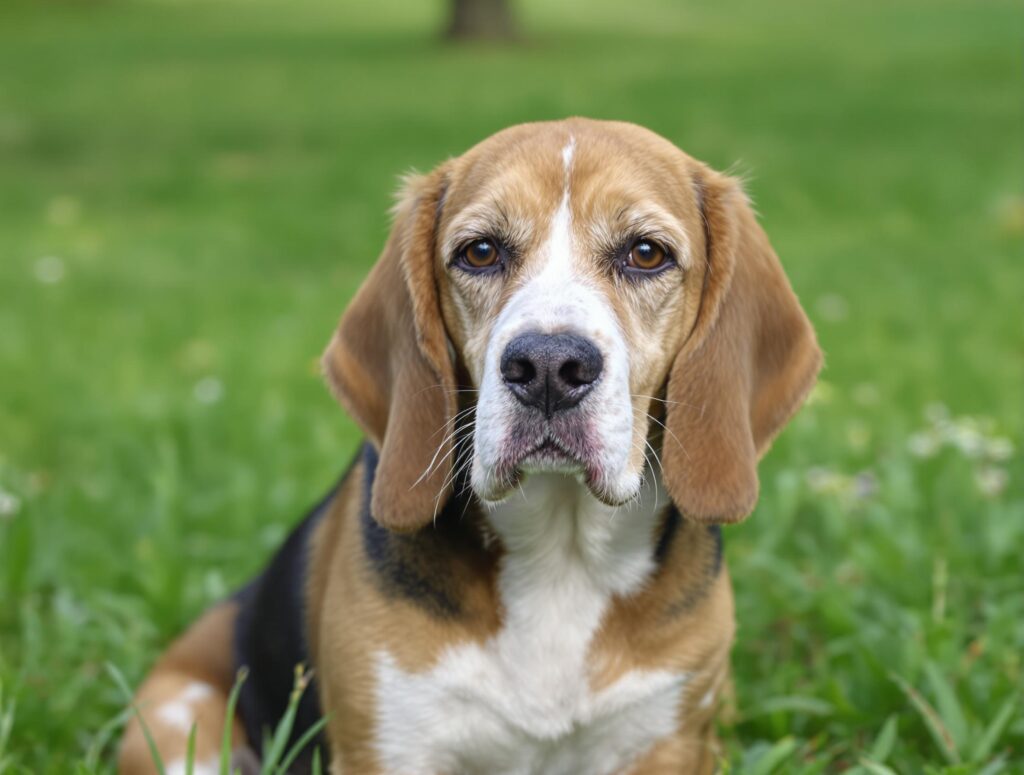 beagle sitting in a grassy field