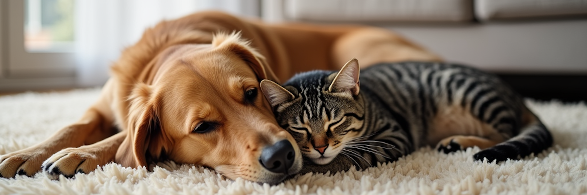 cat and dog sleeping together on a rug