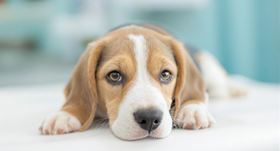 a beagle sitting on an examination table with his down