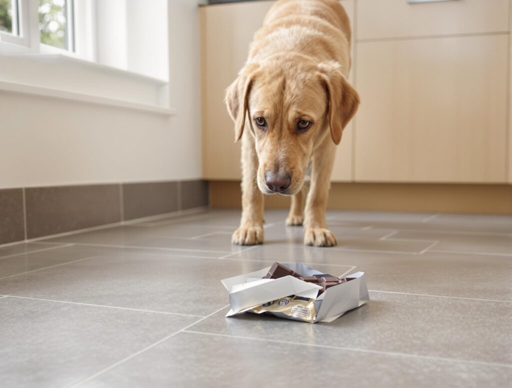 A labrador leaning over an open chocolate bar