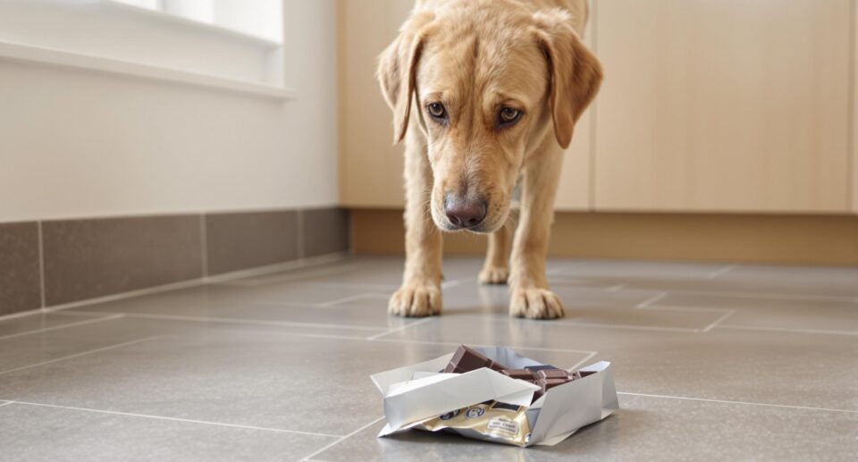 A labrador leaning over an open chocolate bar