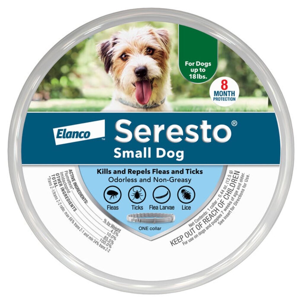 Product image of a Seresto flea and tick collar for small dogs.