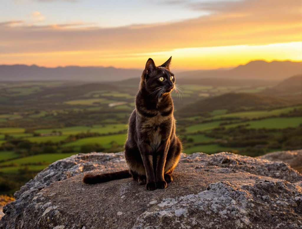 Black cat sits outside on a rock that overlooks a valley. It is sunset.