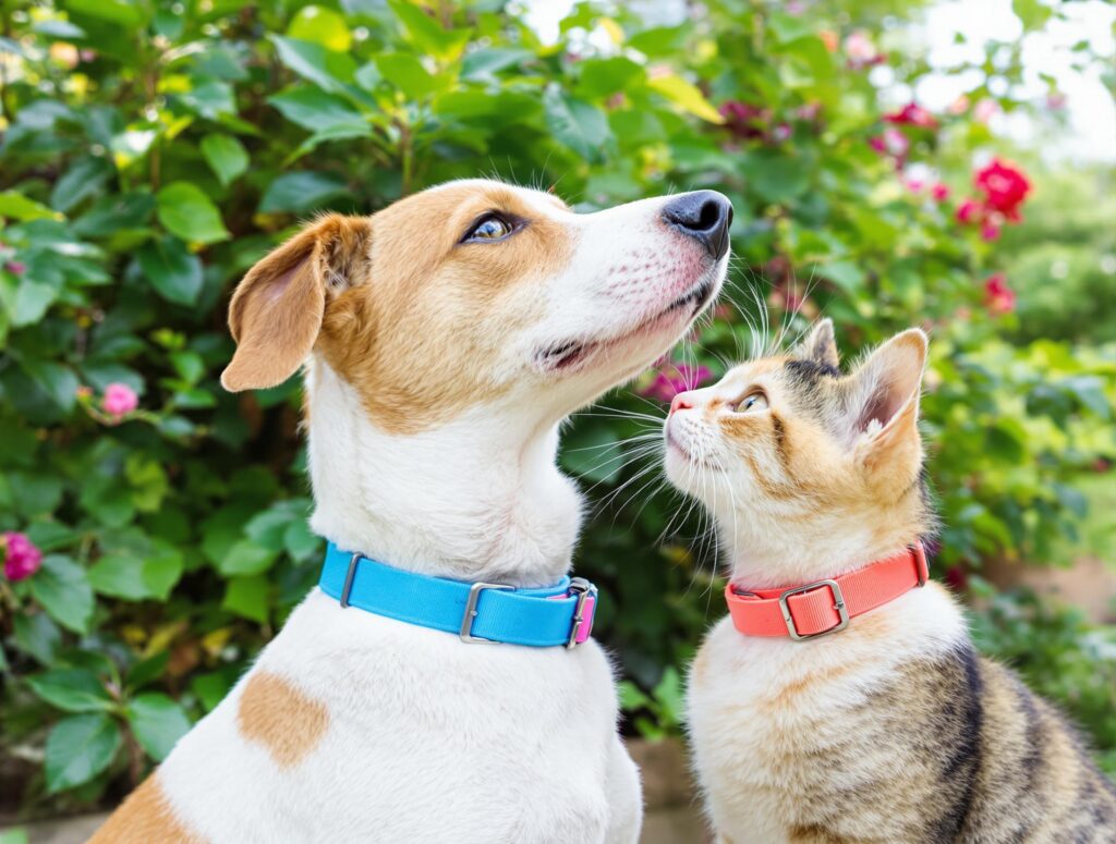 dog and cat wearing colored collars are showing their profiles. They are sitting outside next to a bush.