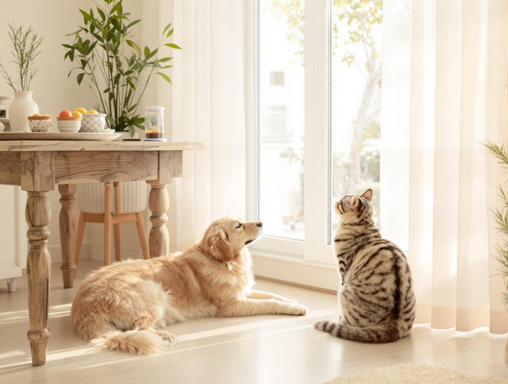 cat and a dog sit next to a sunny glass door inside a house