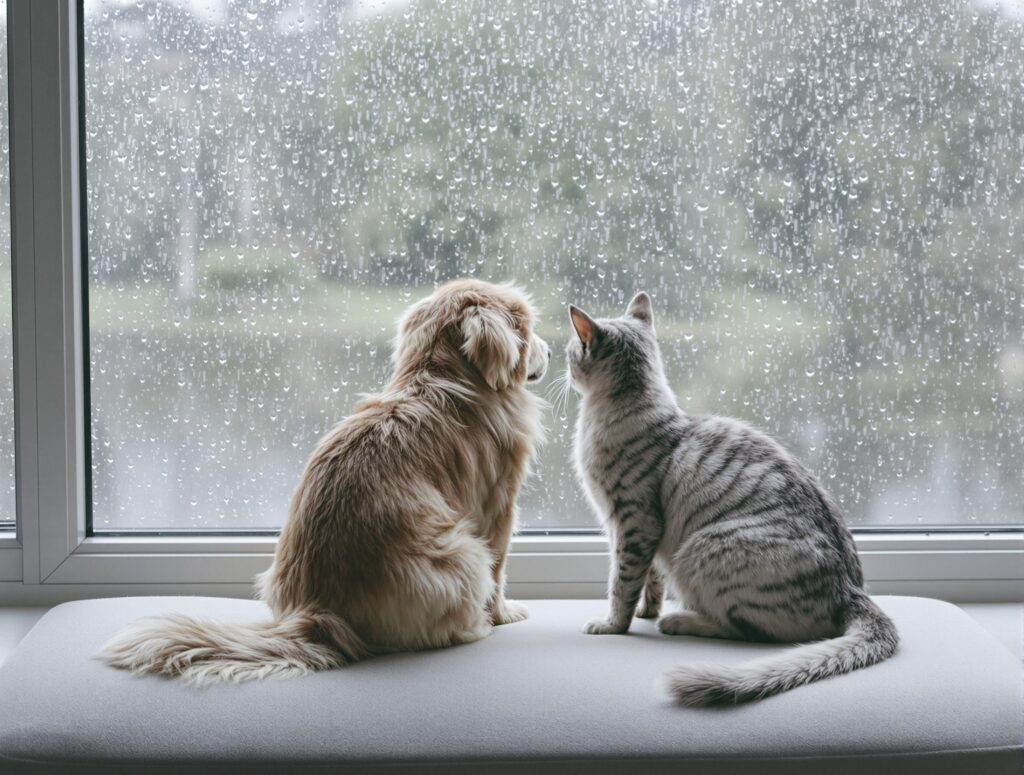 cat and dog sit by a rainy window looking out. Their backs are facing the viewer
