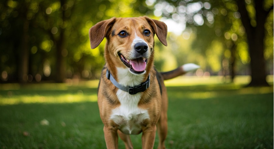 Dog in collar smiles outside in a park. Image via Wendy Toth