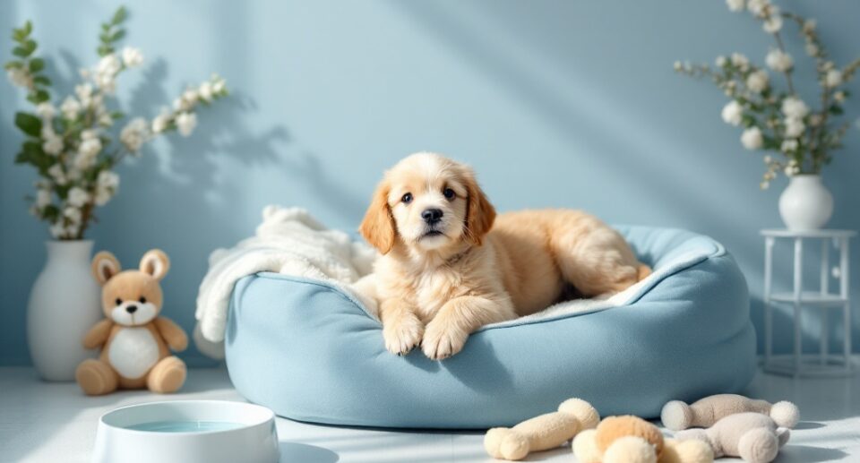 puppy lounging in a blue dog bed surrounded by toys