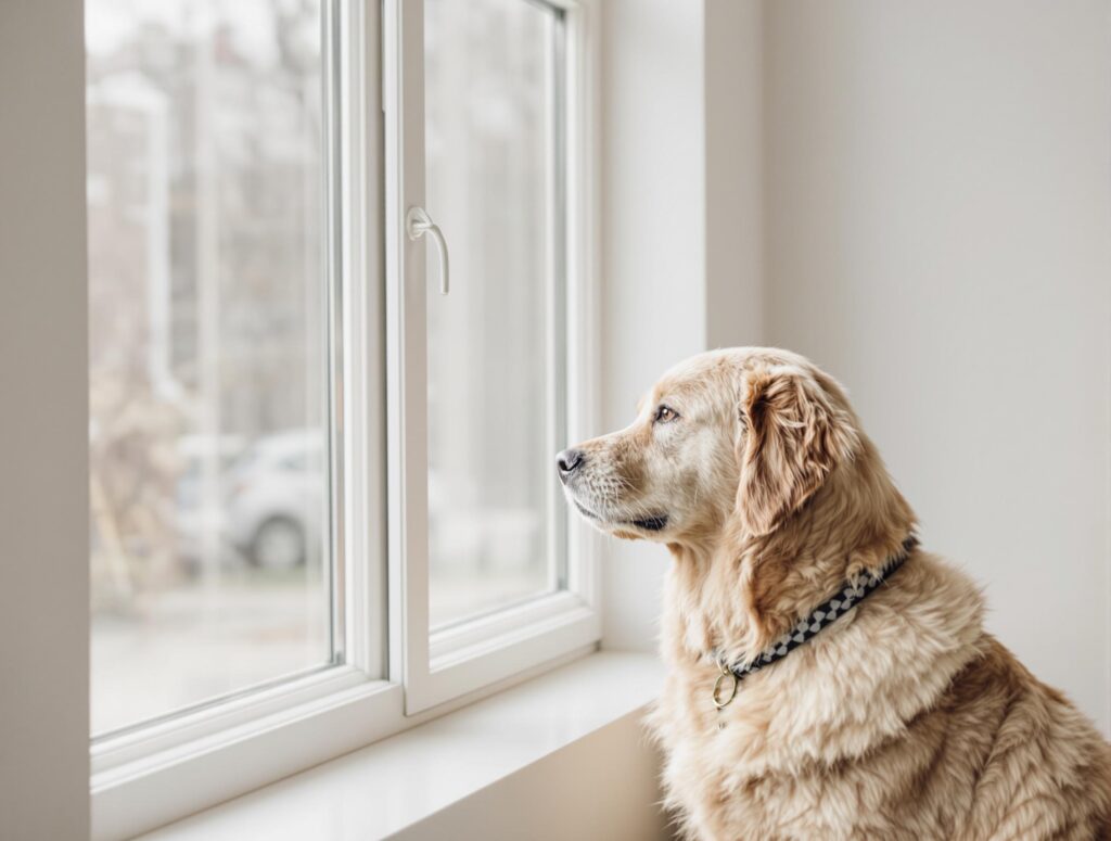 Golden retriever looking out the window