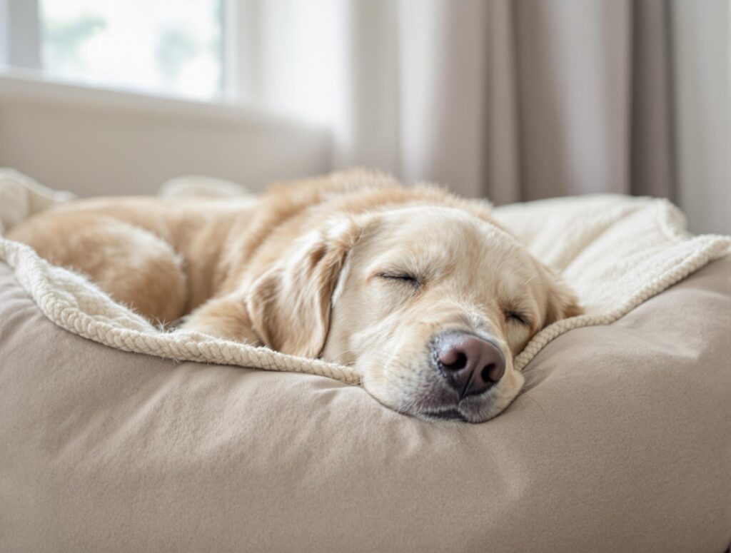 Golden retriever sleeping peacefully on a dog bed